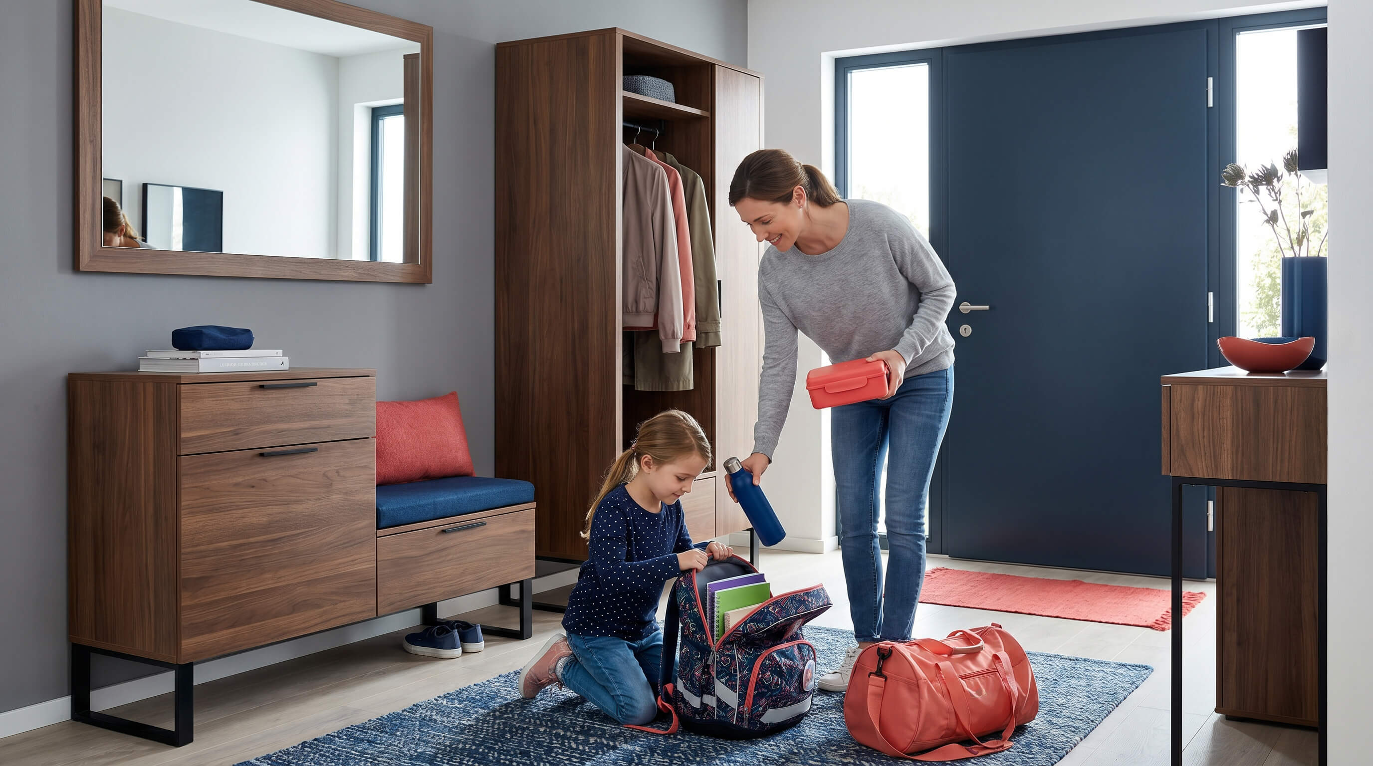 Mutter und Tochter im Flur. Tochter packt ihre Schultasche, Mutter unterstützt und hält die Brotdose und Flasche. Neben ihnen liegt eine Sporttasche. Im Flur ist eine Garderobe mit Jacken, ein Spiegel und eine moderne Eingangstür. 