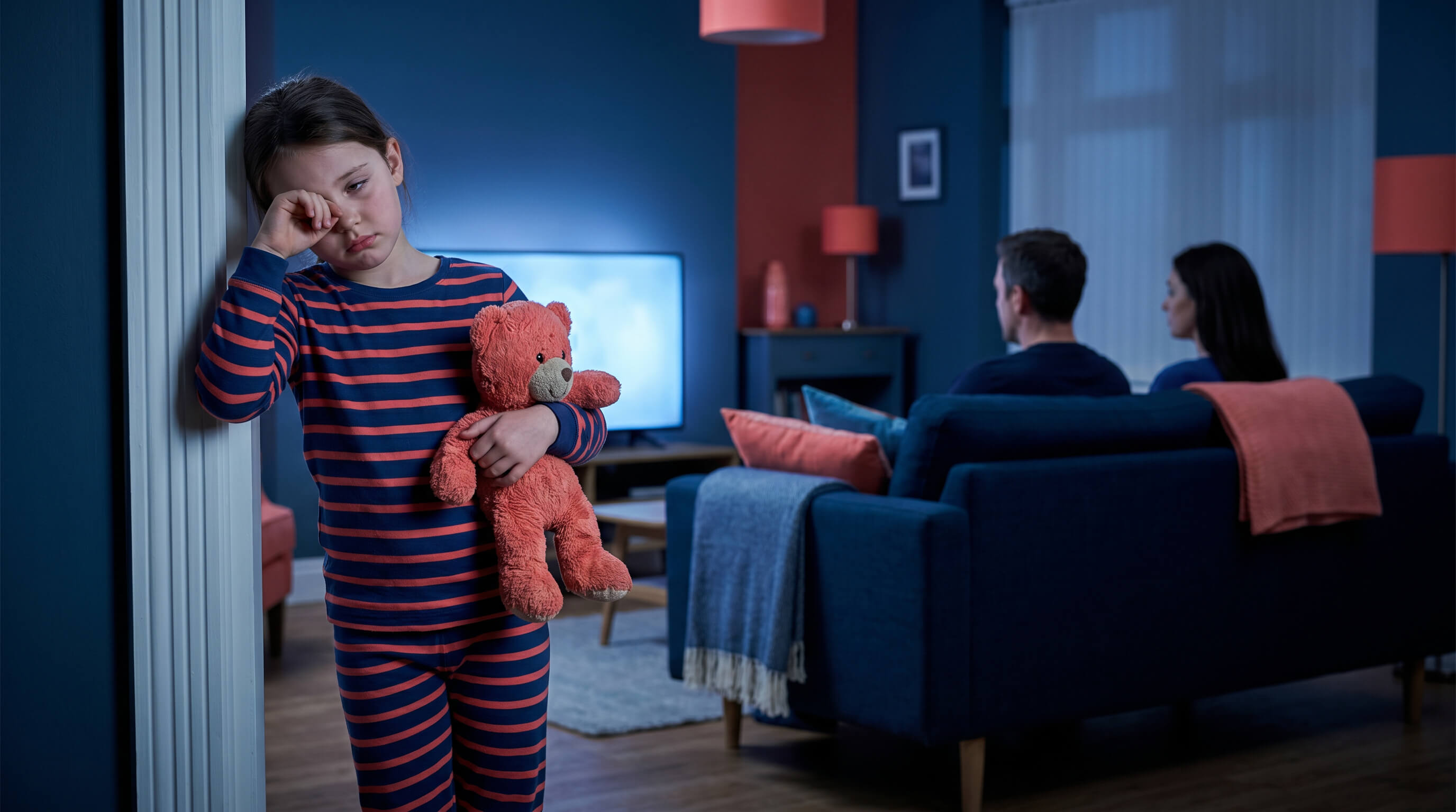 Kind steht mit Schlafanzug müde in Wohnzimmer, sie hält ihren Teddy im Arm. Die Eltern gucken Fernsehen.