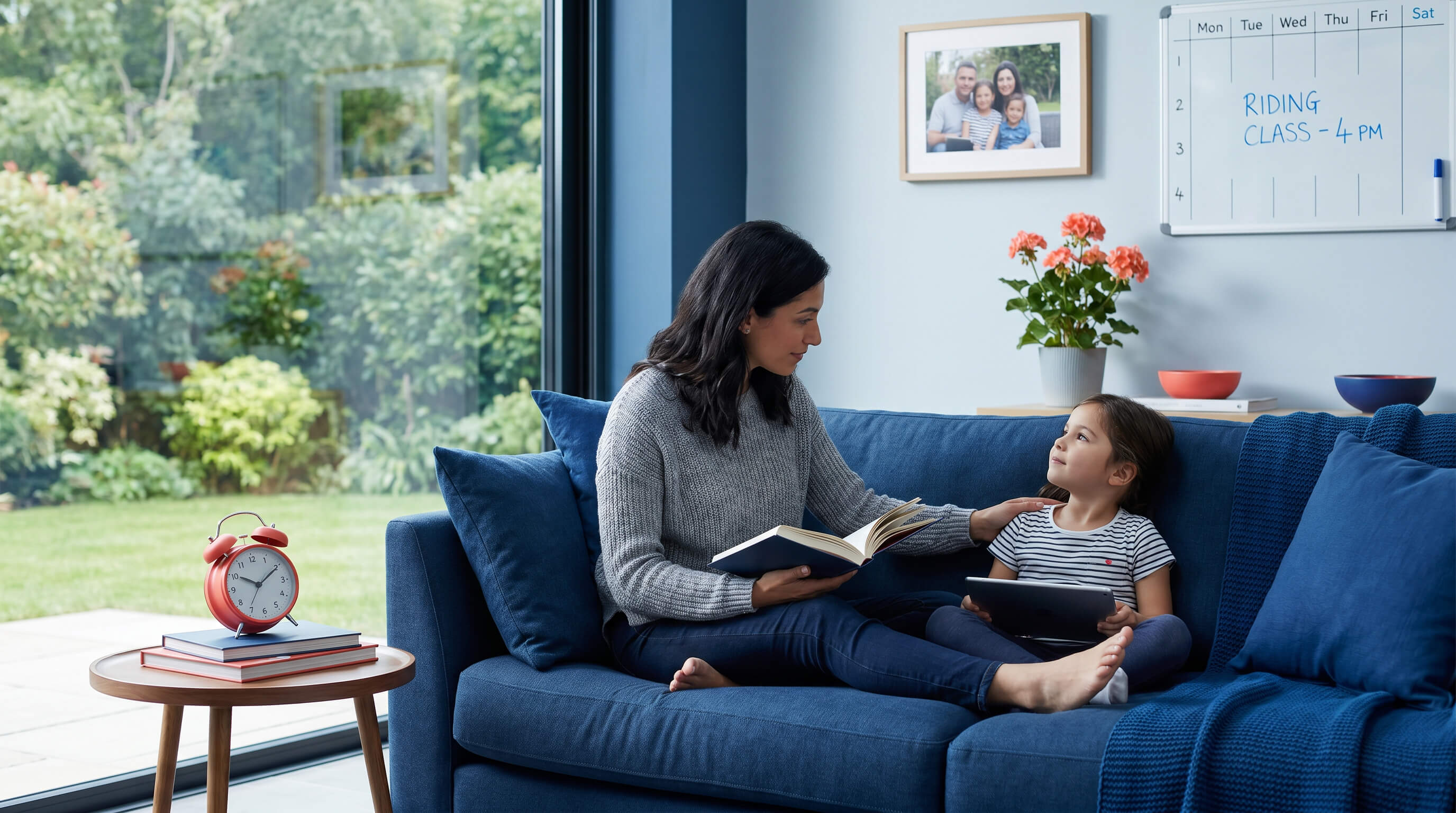 Mutter und Tochter sitzen auf Sofa und lesen. Ein Terminkalender im Hintergrund. 