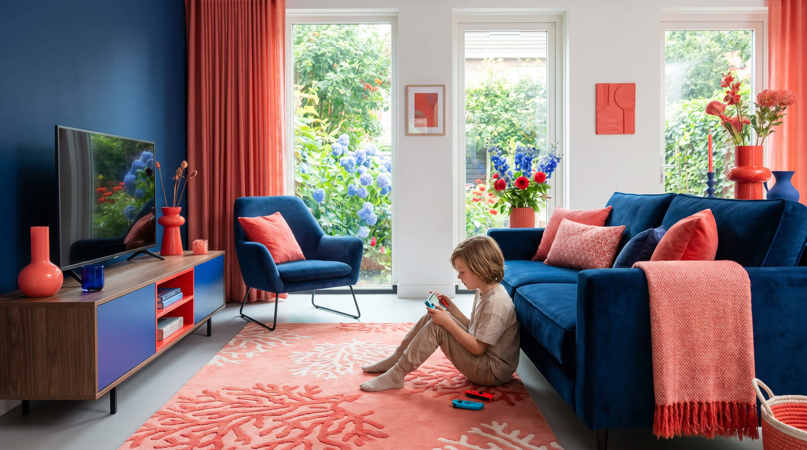 Kind sitzt vor Sofa im Wohnzimmer und spielt ein Spiel auf einer Nintendo Switch. 