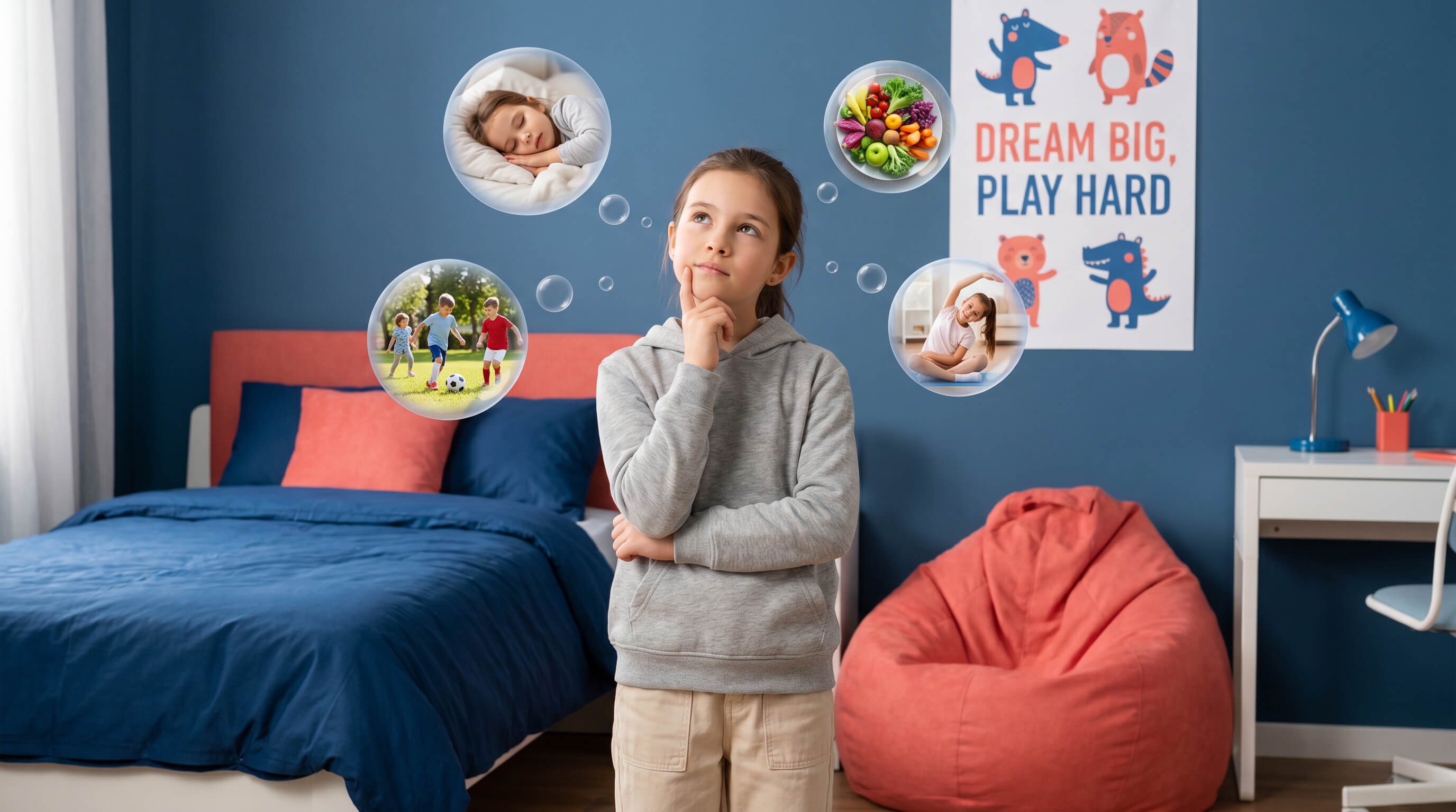 Mädchen steht in ihrem Zimmer und hat Gedankenblasen um ihren Kopf. Dinge die gut tun wie Schlaf, Sport, Ernährung und Bewegung..