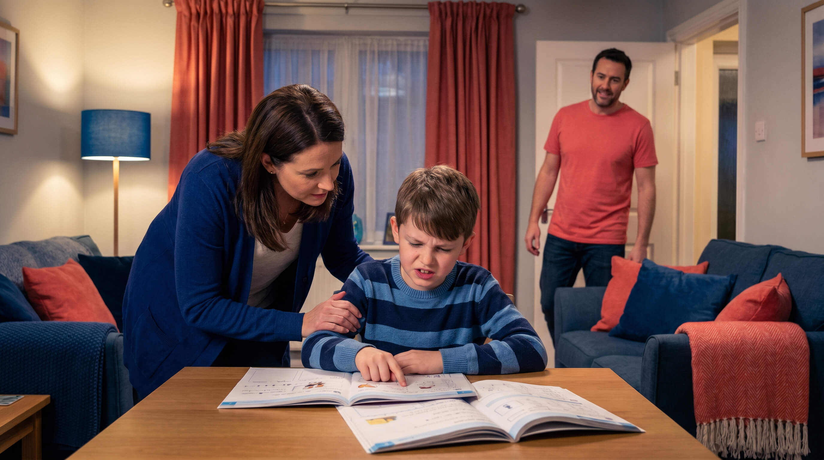 Kind mit seinen Eltern im Wohnzimmer mit Hausaufgaben 