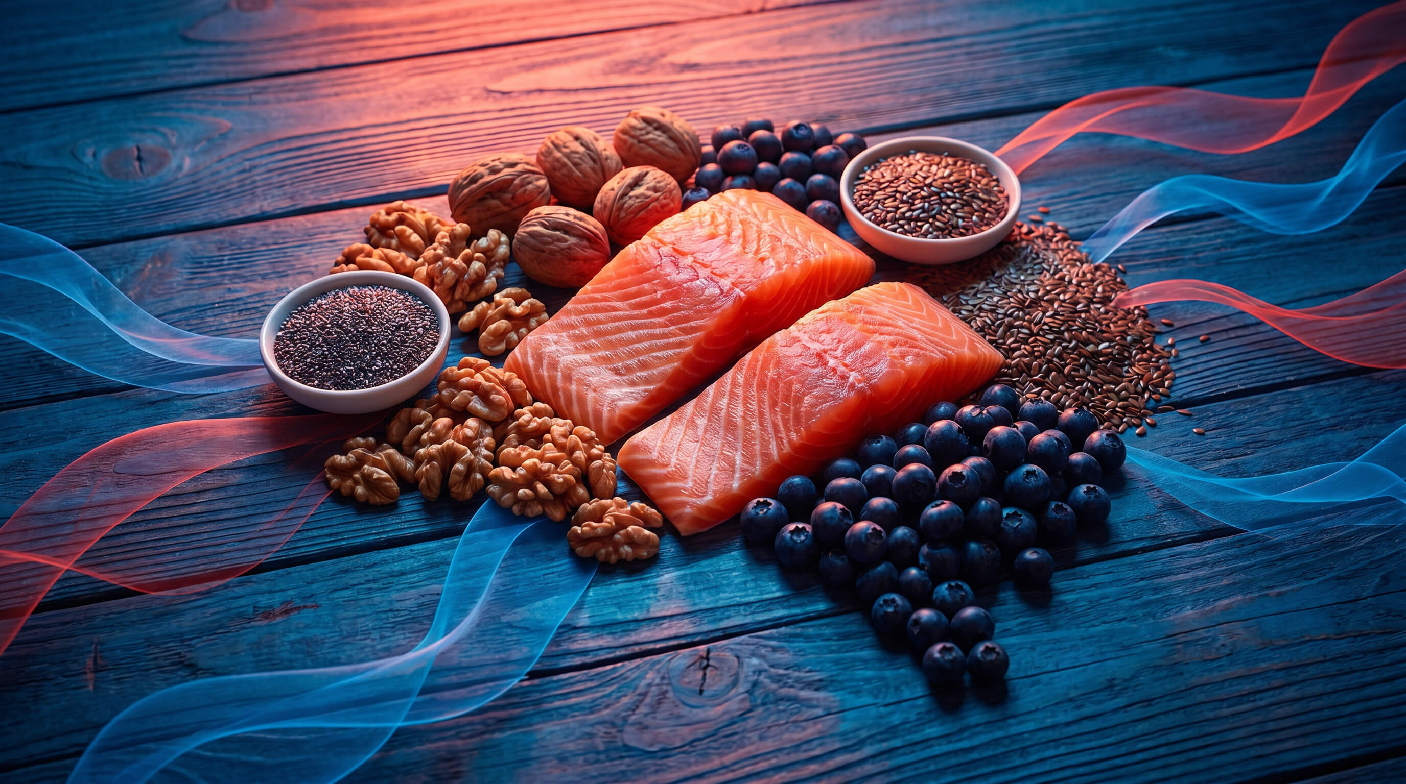 Grafische Darstellung von Lebensmitteln mit viel OMEGA3. Lachs, Nüsse