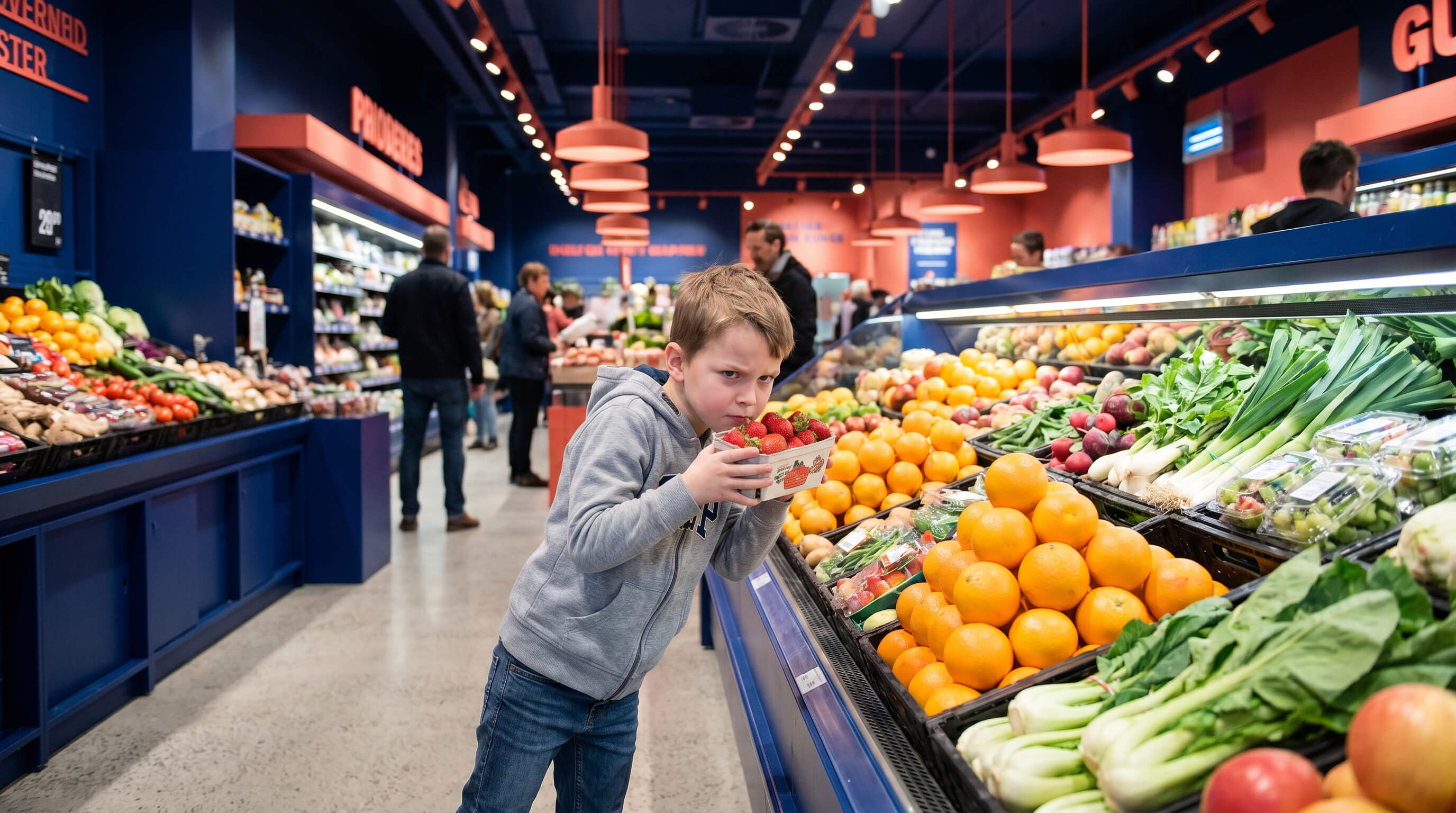 Junge im Supermarkt vor Obst und Gemüsetheke. Riecht an Erdbeeren und guckt skeptisch. 